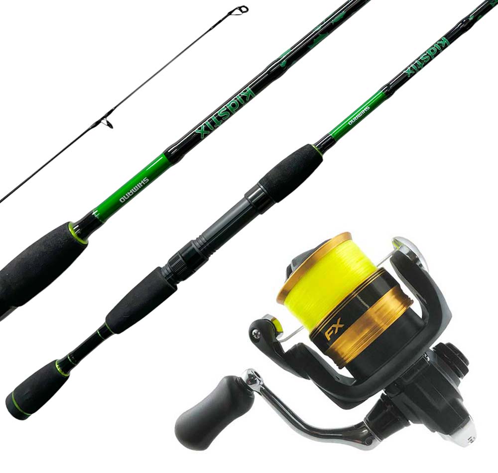 green shimano rod CPSWX68MH2D Compre Walleye Spinning and a robust 3+1 bearing system Shimano Kidstix 702 3-5kg Spin