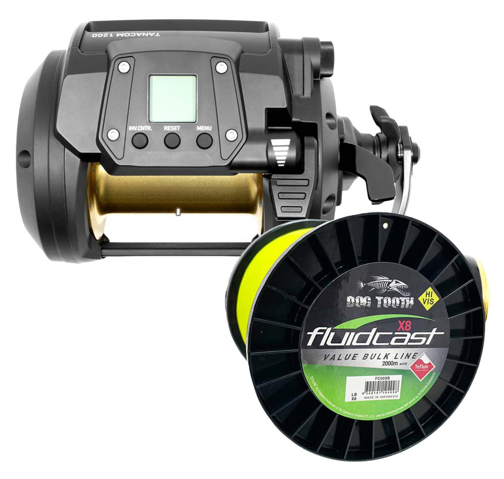 NEW ARRIVAL. 2 Daiwa Tanacom 1000 electric reels with new braid.  Extremely clean setups with new braid and both power cables. The rod