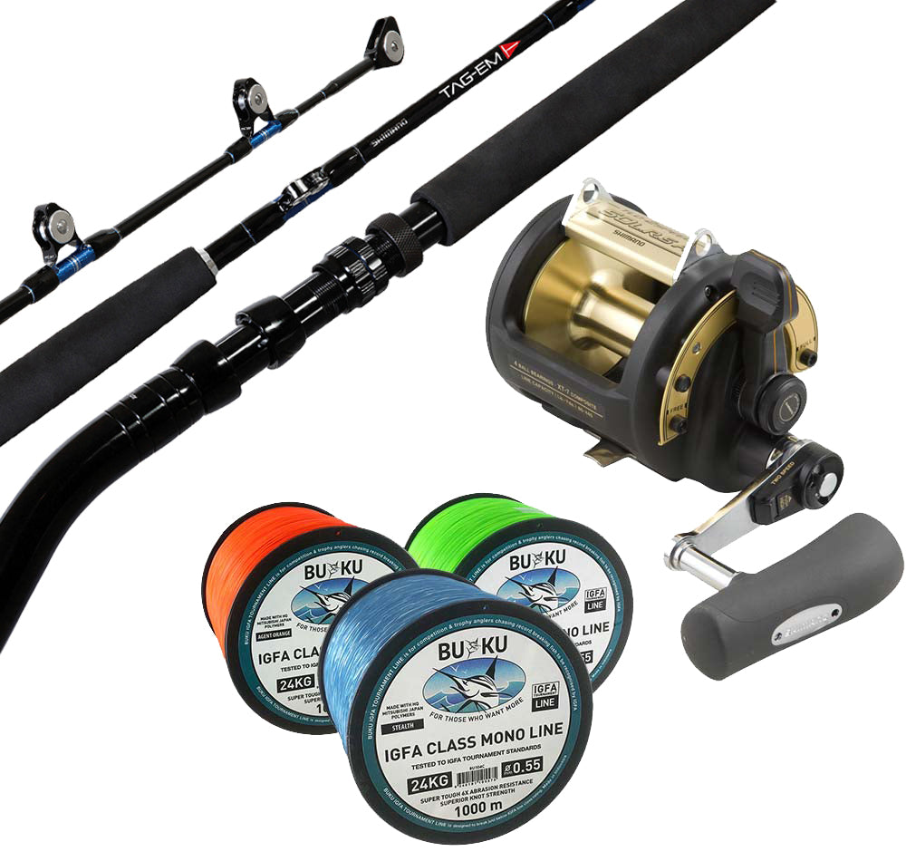 Shimano 24kg Tuna & Marlin Combo TLD II with Tag'em Rollered 24kg Bent -  Fergo's Tackle World