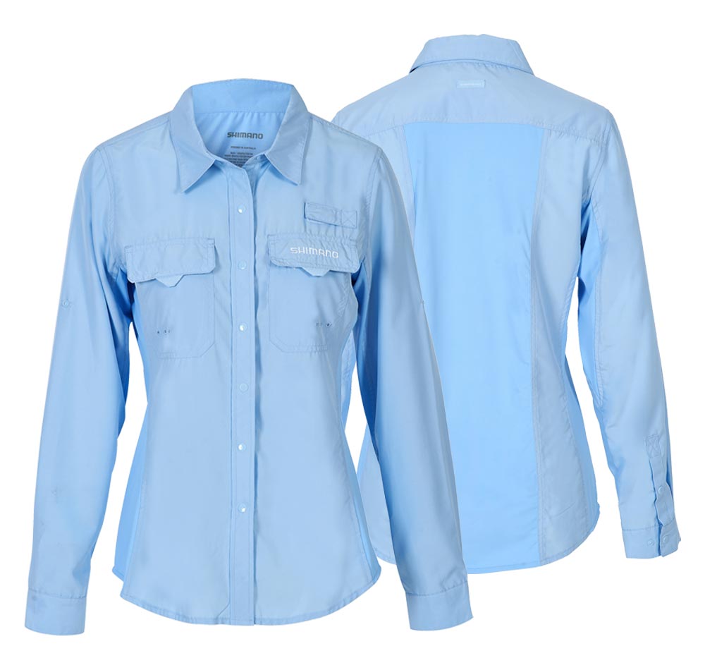 Shimano Women&#39;s Vented Shirt Sky Blue Front and Back